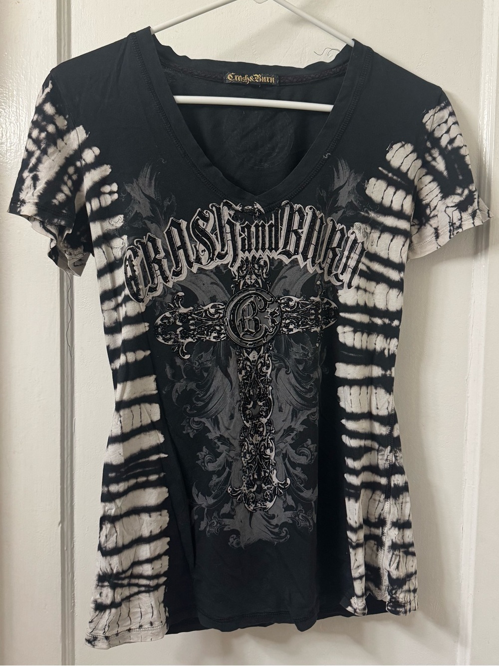 Crash & Burn Black and White Tie-Dye V-Neck Rhinestone Tee